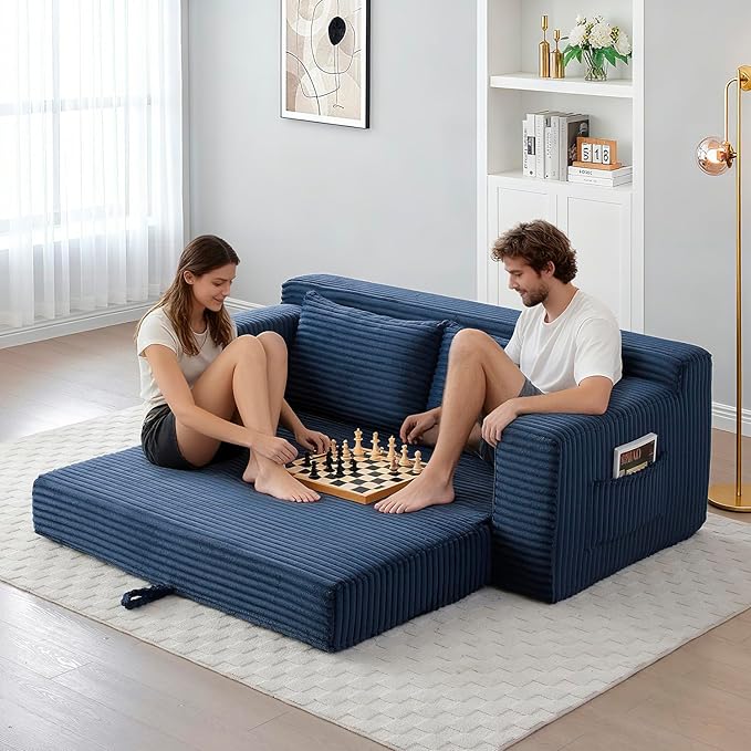 73 Memory Foam Cloud Loveseat Sofa 2 in 1 Convertible Folding Couch Bed Compressed Corduroy Floor Lounge Sofa No Assembly for Apartment Office Bedroom Living Room (Blue)