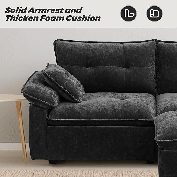 Modular Loveseat Sofa with Ottoman 81.5'' Deep Seat 2-Seater Chenille Couch Comfy L Shaped Convertible Small Sofa for Apartment Living Room Office Soft FabricLoveseat Sofa (Charcoal)