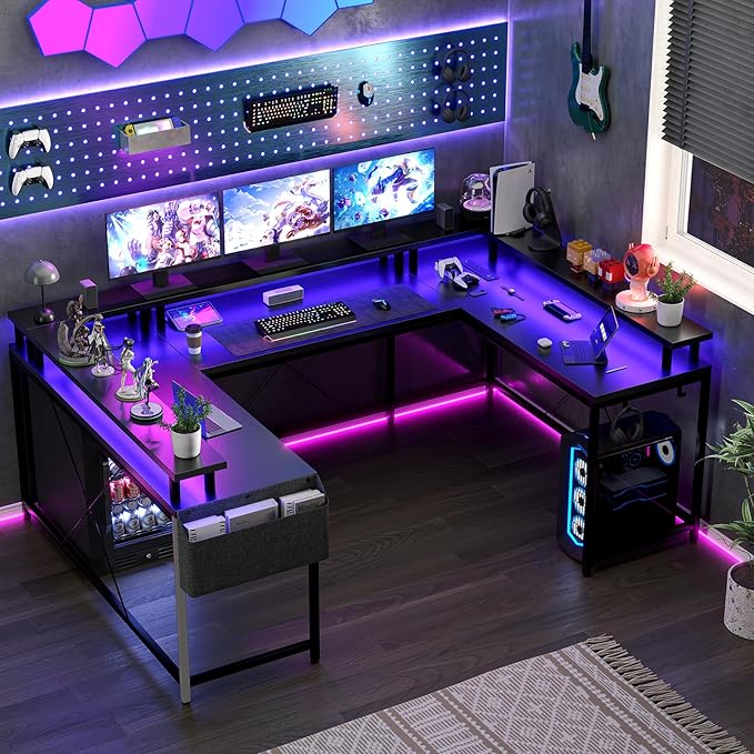 Jojoka U Shaped Computer Gaming Desk Reversible L Shaped Desk with Power Outlets LED Strip &amp Monitor Stand Large Corner Desk with Storage Shelves for Home Office Black