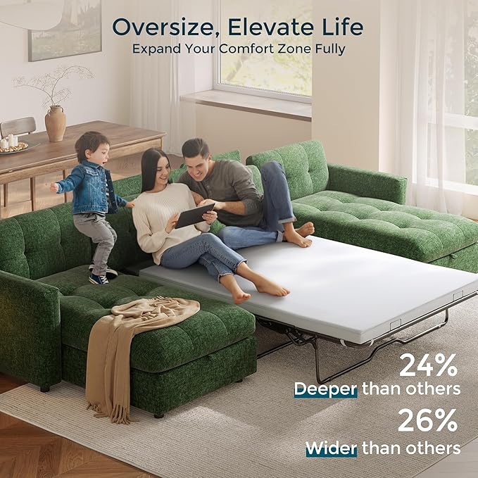 152 Oversized Sectional Sleeper Sofa with Pull Out Bed and Storage Chaise Convertible Sofa Bed with Memory Foam Topper Comfy U Shaped Modular Couches for Living Room Apartment Dorm Room Green