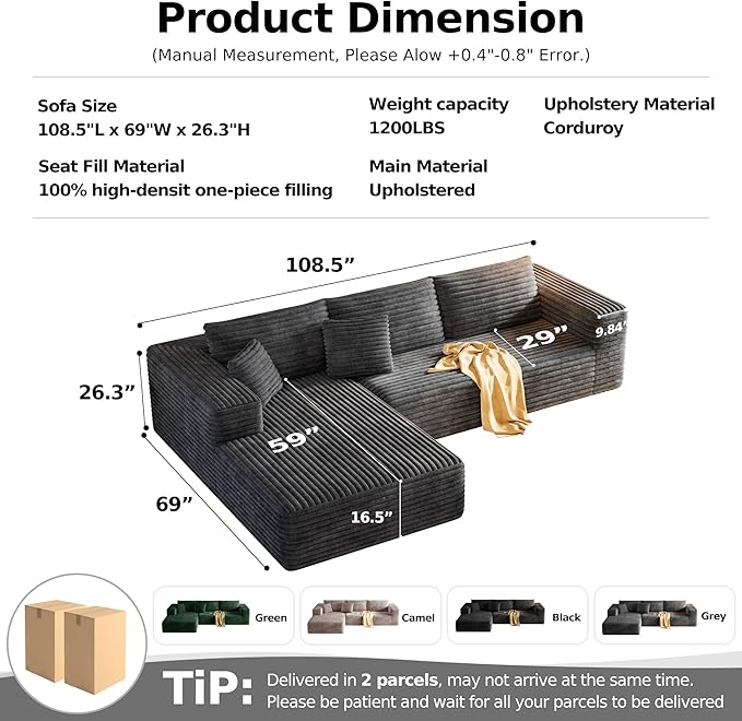 108.2 Modular Sectional Sofa with Deep Seat Boneless L Shaped Corduroy Couch Modern Comfort Cloud Couch Oversized for Living Room No Assembly (Left Facing Chaise Gray)