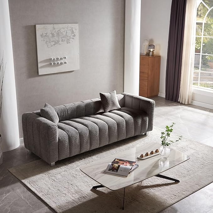 83.46 Oversized Boucle Sofa CouchModern Teddy Deep Seat SofaUpholstered Tufted Couchwith 2 Accent Pillow3 Seater Coucher for Living Room ApartmentOffices. (Grey)