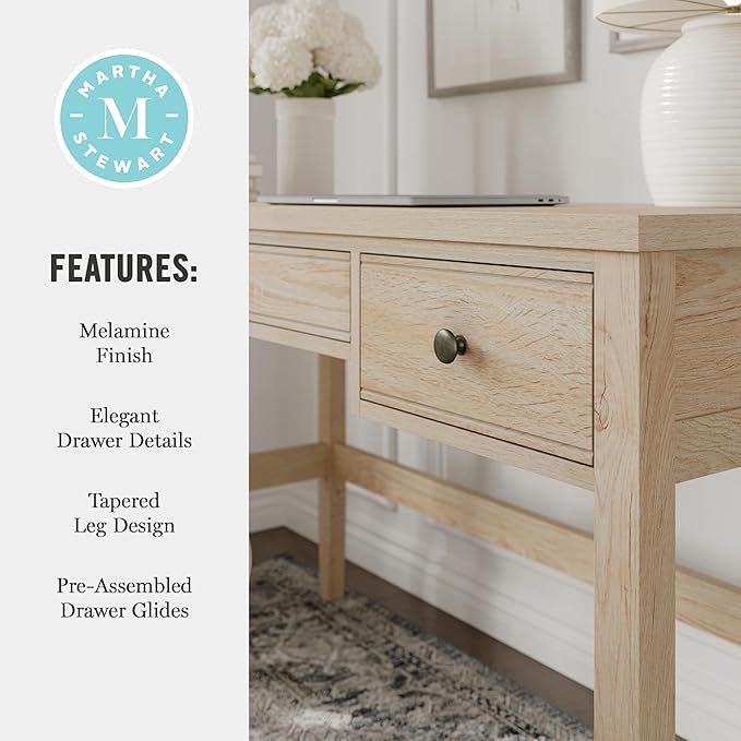 Martha Stewart Rhett Writing Desk with 3 Drawers and Tapered Legs in Light Natural with Antique Bronze Hardware