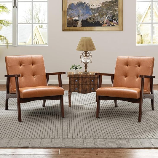Accent Chair Mid Century Modern Chair for Living Room Comfy Faux Leather Armchair with Solid Wood Frame Soft Thick Padded Side Chairs Easy Assembly Set of 2 Brown