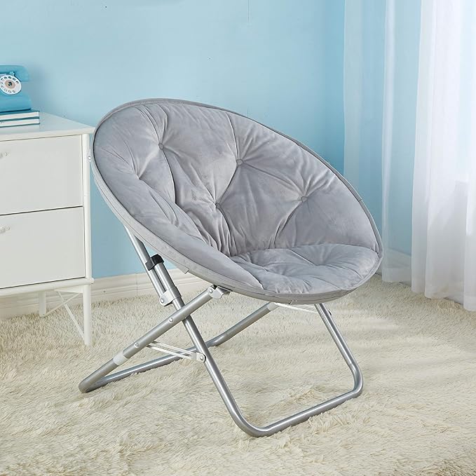 Urban Living Micromink Foldable Saucer Chair Compact Portable Lounge Seat Lightweight Comfortable Indoor Outdoor Relaxation Furniture Ergonomic Design Home Dorm Room Chair Grey