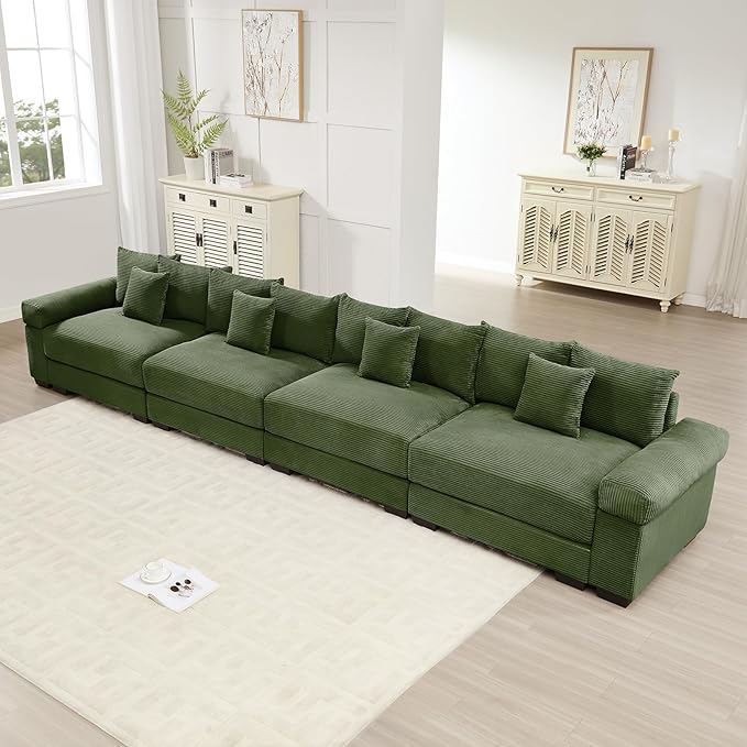 168.4 Oversized Modular Sectional Sofa Corduroy Large Sectional Couches for Living Room 4 Seater Couches Modern Deep Seat Sofa Set Green