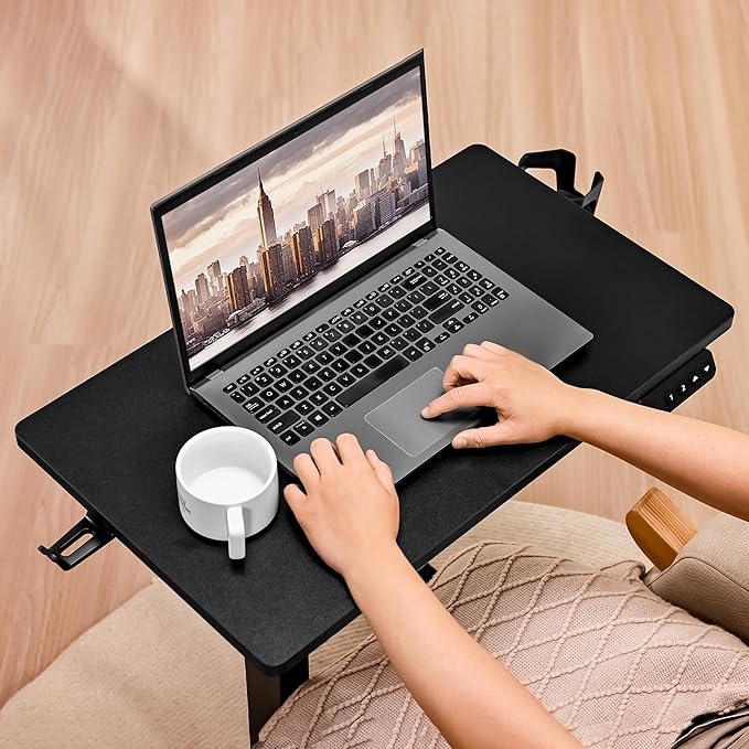 Electric Overbed Table with Wheels Height Adjustable Bedside Sofa Recliner Side Tables C Shaped Rolling Standing Small Laptop Desk for Home Office Black