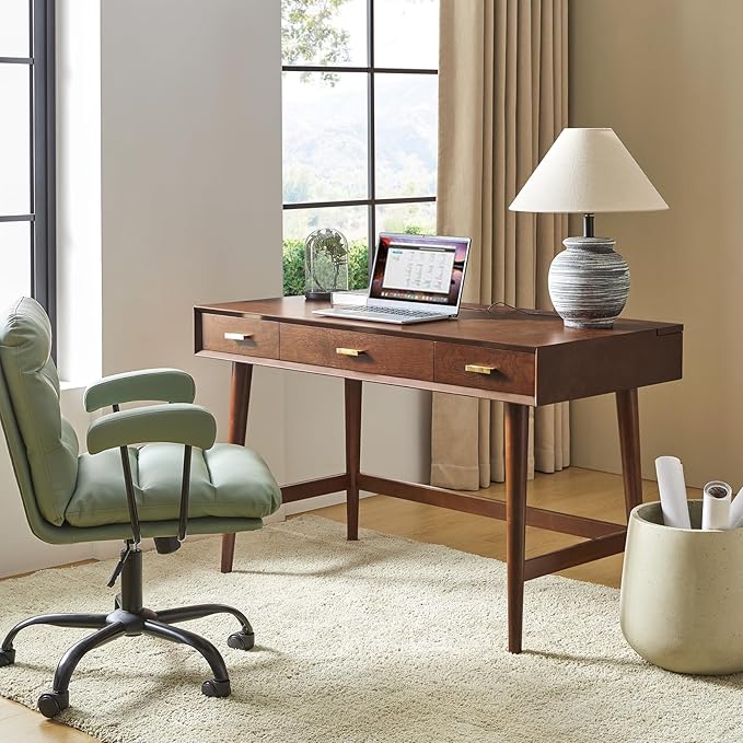 HULALA HOME 47 Writing Desk with 3 Drawers Wood Office Desk with USB Charging Staion Vintage Office Desk with Cable Management(Walnut)