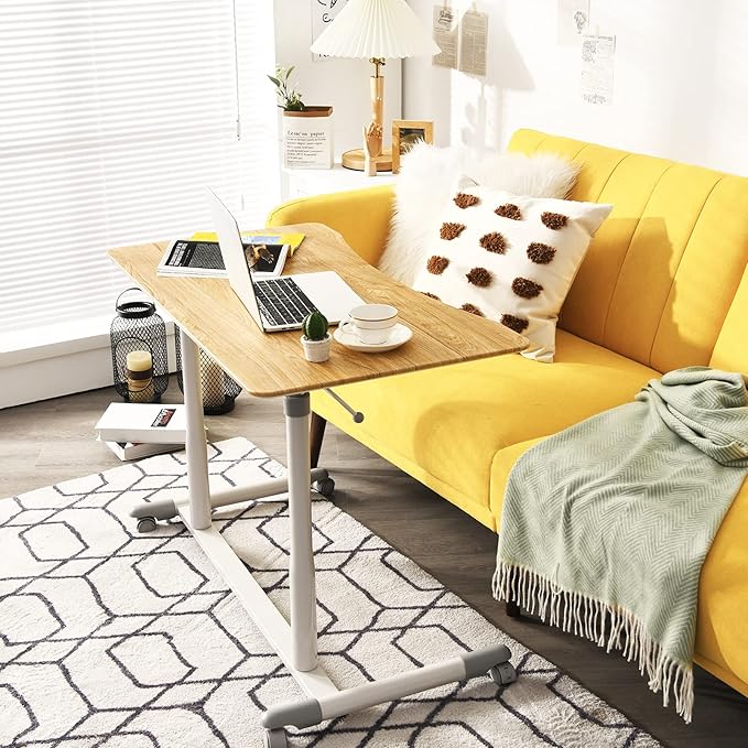 Tangkula Mobile Standing Desk Computer Desk Height Adjustable Stand Up Table with 4 Wheels Rolling Compact Standing Desk with Steel Frame MDF PVC Tabletop Ideal for Home Office (Natural)