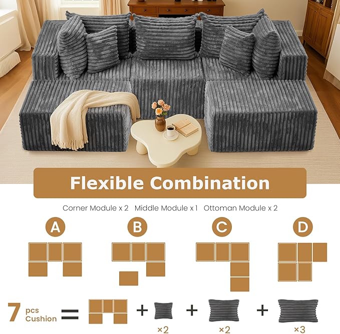 104 Grey Boneless Couches for Living Room Modular Sectional Sofa with Deep Seat Comfy Plush Cloud Couch with U-Shaped Chaise Corduroy Compressed Foam Sofa for Bedroom Living Room