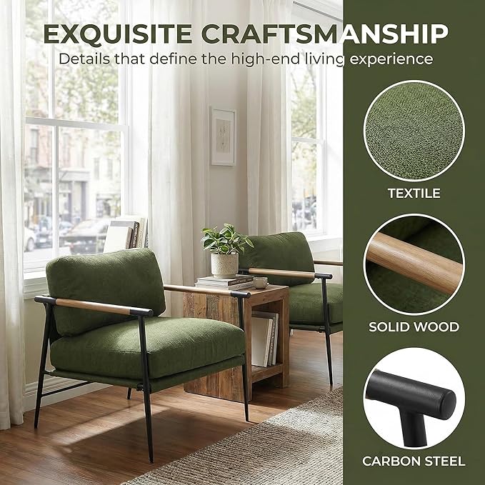 DUOMAY Green Modern Accent Chair Soft Linen Fabric Armchair Sofa Lounge Bedroom Chair with Metal Leg for Living Room Reading Office
