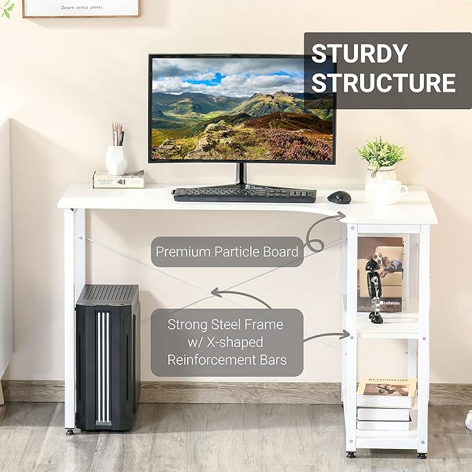 Industrial L Shaped Computer Desk with 2 Side Shelves and Steel e Corner Desk Study Workstation for Home Office White