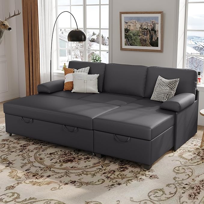 80 inch Convertible Sectional Sofa L-Shaped Sofa Sleeper with Reversible Chaise Faux Leather Couch Bed with StorageRemovable ArmrestModern Pull Out Bed for Living Room BedroomGray