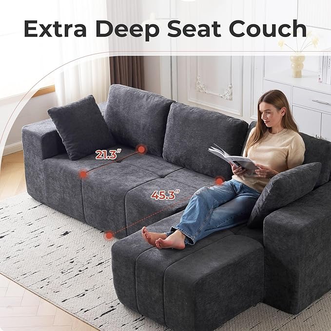 105 Cloud Modular Sectional CouchChenille Boneless Couches with Deep SeatUpholstered L-Shape Sofa with Chaise Sectional Couch for Living Room No Assembly Required (Grey Right Facing Chaise)
