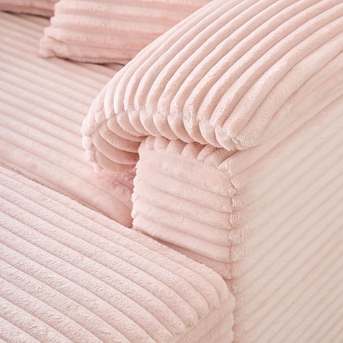 Oversized Chaise Lounge Chair with Storage Ottoman &amp USB Ports Fluffy Corduroy Cloud Couch Sleeper Sofa Bed with Arm Rest Comfy Overstuffed Sofa Chair Set for Living Room Bedroom (Pink)