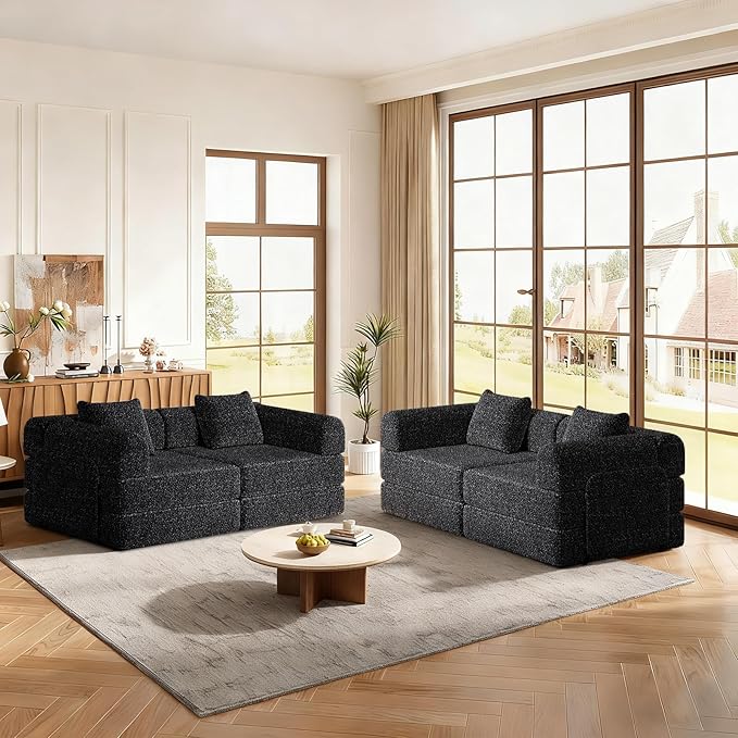 Convertible Sofa Bed 72.4+ 72.4 Sectional Couch 4-Seater with Storage Pockets Modular Sleeper Couch Chenille Folding Floor Boneless Lounge Sofa for Living Room Guest Room Black
