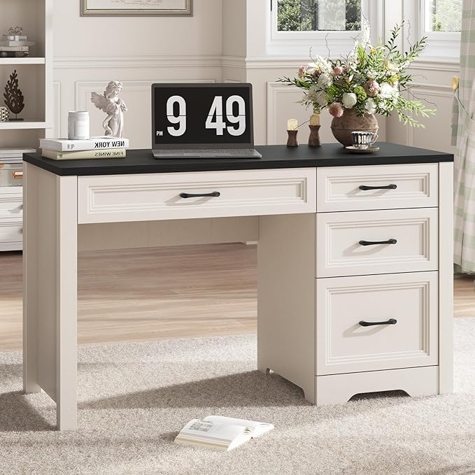 Vabches Farmhouse Executive Desk with Drawers Home Office Desk with File Drawer Wood Computer Desk with Ample Storage Rustic Office Desk with Spacious Tabletop for Work Black