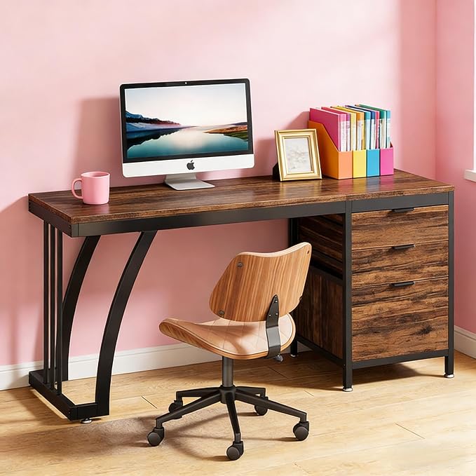 Computer Desk with 5 Drawers 47 Inch Reversible Executive Office Desk with File Storage Drawers Industrial Study Writing Table Corner Desk for Home Office (Black+Brown)