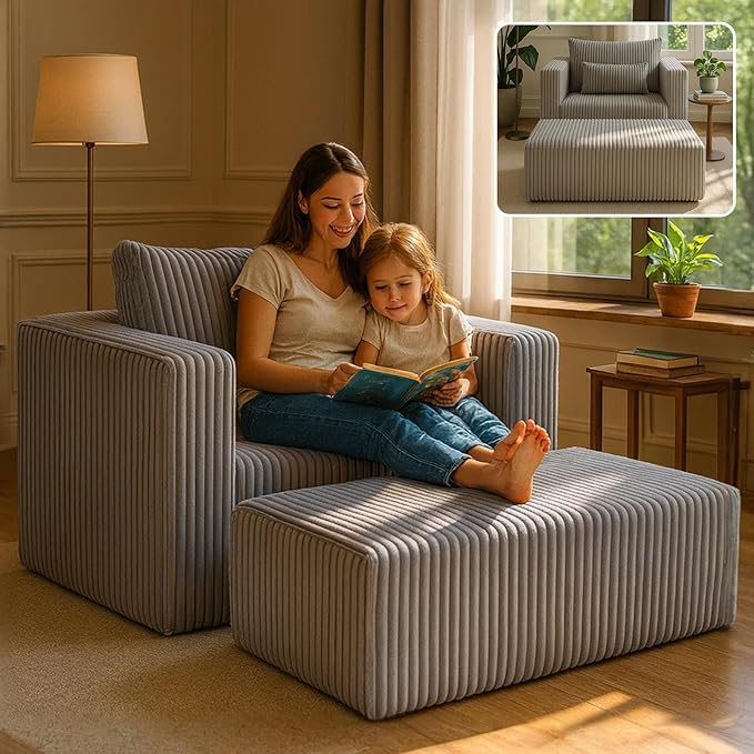 51” Oversized Boneless Chair with Ottoman Big Comfy Accent Chair with Ottoman for Living Room Cloud Chaise Lounge Chair Indoor Plush Pillows|Corduroy (Grey)
