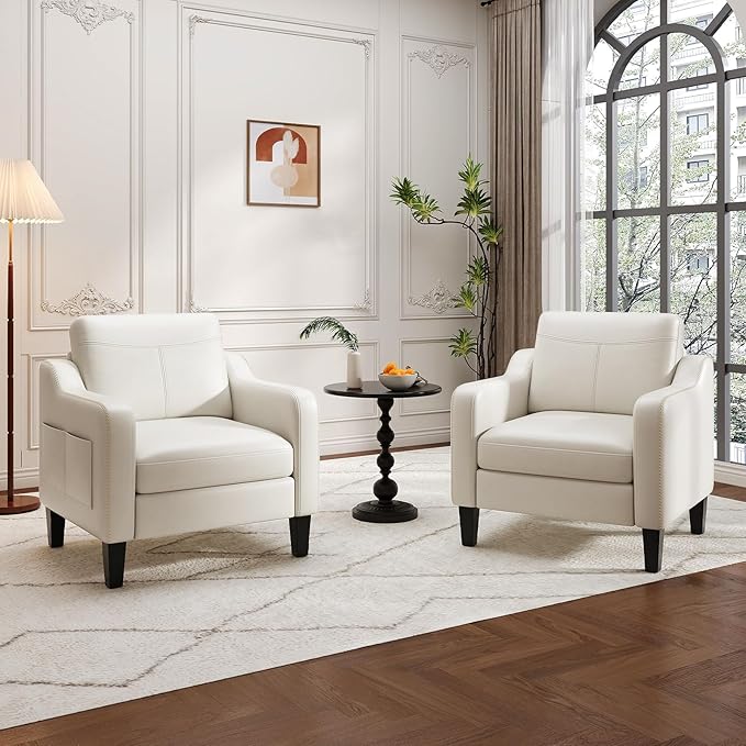 PU Leather Accent Chair Mid-Century Modern Living Room Armchair Sofa with Removable Cushions Solid Wood Frame &amp Stitched Armrest Design Bedroom Chair with Plastic Legs Beige