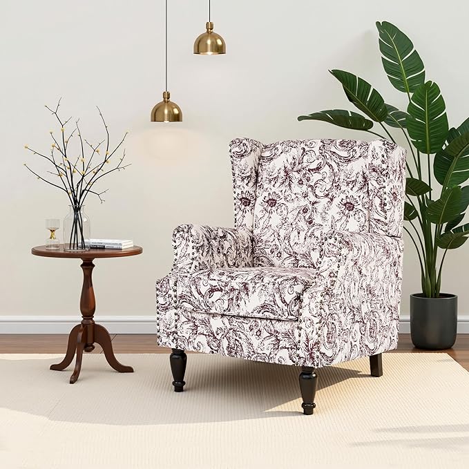 Wingback Chairs Set fo 2 High Back Floral Accent Chair in Fabric Comfy Upholstered Armchair with Nailhead Trim for Living Room Single Sofa Reading Chair for Small Spaces Bedroom-Plum