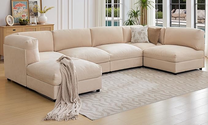 Jocisland 148 Wide U-Shaped Modular Sectional Sofa Convertible Oversized Couch with Ottoman for Living Room Easy Assembly Flexible Layout Scratch-Resistant Linen Beige
