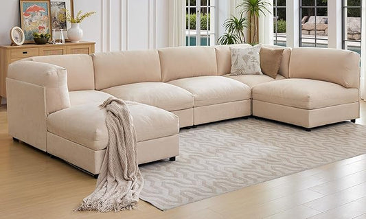 Jocisland 148 Wide U-Shaped Modular Sectional Sofa Convertible Oversized Couch with Ottoman for Living Room Easy Assembly Flexible Layout Scratch-Resistant Linen Beige