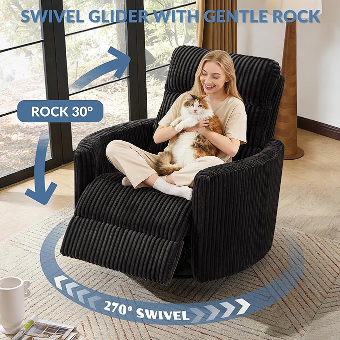 GRAINELL Oversize Power Swivel Recliner 40in Wide Electric Glider Rocking Chair with Headrest Adjustment USB Port 270° Swivel Rock 30° – for Living Room Nursery Black (5 7' to 6 1' Height)