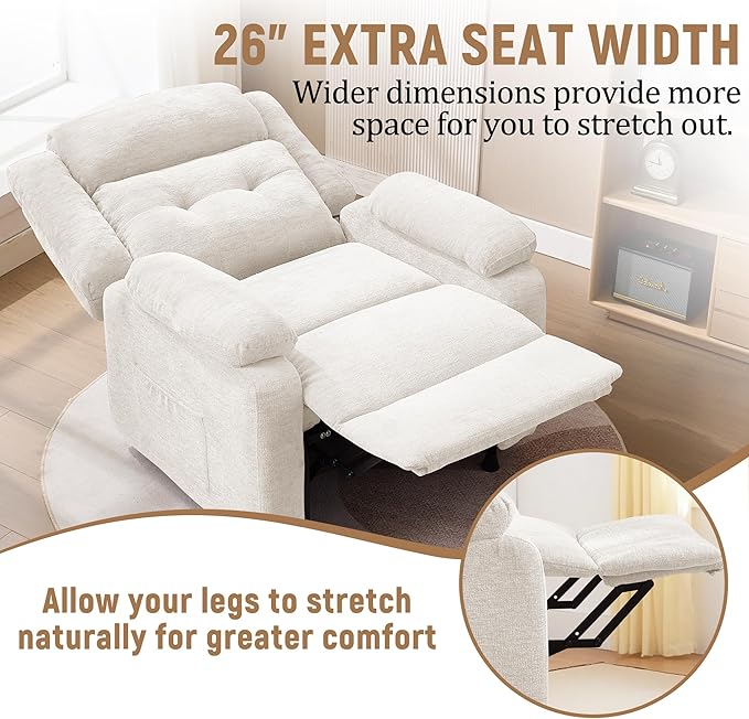 Power Recliner Chair for Adults Oversized Electric Recliner with Thickened Cushions Chenille Fabric Reclining Chair for Living Room Bedroom Beige