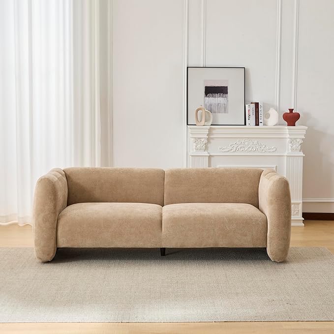 Christopher Knight Home Ahri 83'' Wood Frame Lounge Sofa Couch with Wave Design Soft Seating 3-Seater Sofa with Armrests Comfy Velvet Upholstered Home Sofa for Living Room and Office Camel