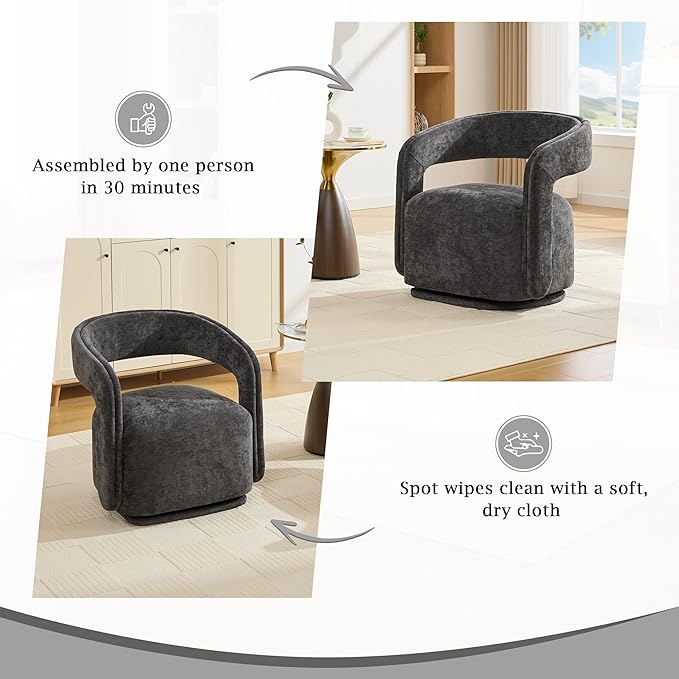 KEIKI Swivel Barrel Chair Modern Accent Chair for Office/Cafe 360° Rotation Ergonomic Design Easy Assembly Comfy Chenille Fabric