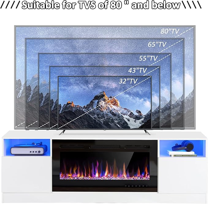 AHB Fireplace TV Stand LED Light Entertainment Center with 36 Electric Fireplace and Storage Cabinet Media Console Table for TVs Up to 80 Inches Ideal for Living Room 70 Inches (White)