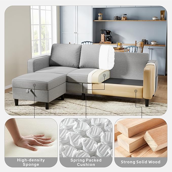 Sectional Sofa and Couches for Living Room 78'' Light Grey 3 Seat L-Shaped Couch with Movable Ottoman Comfy Linen Convertible Sectionals Sofas with Chaise for Apartment Dorm Small Space