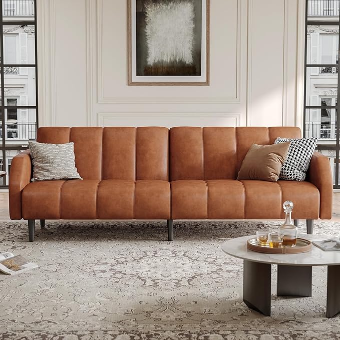 Fadware Faux Leather Couch Convertible Futon Sofa Bed with Adjustable Backrest Mid Century Leather Sofa Loveseat with Side Pockets&amp Metal Leg Modern Leather Sleeper Sofa for Living Room Bedroom