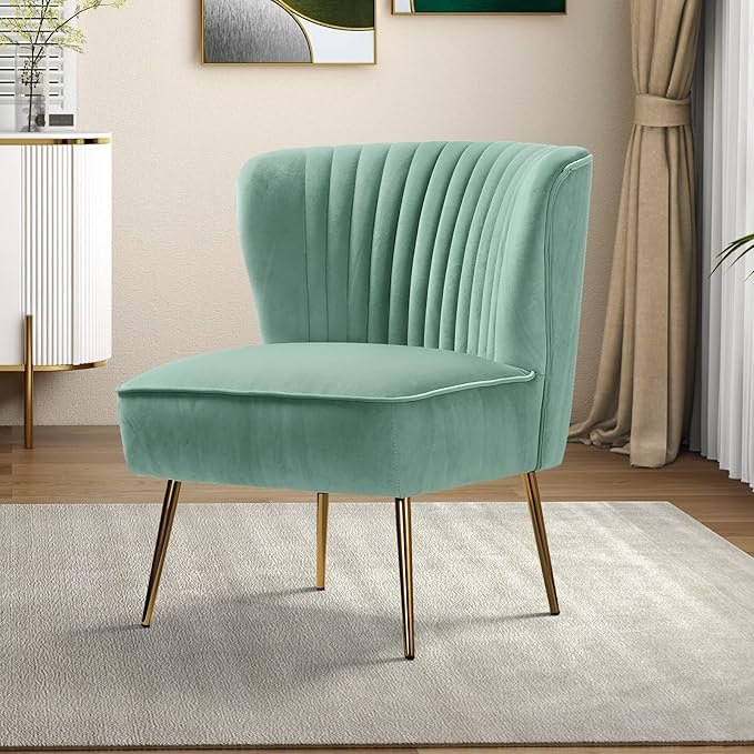 Tina's Home Velvet Armless Accent Chair Upholstered Modern Small Side Chair with Golden Legs Comfy Cute Wingback Slipper Chair for Living Room Study Beauty Room Thickly Padded(SAGE)