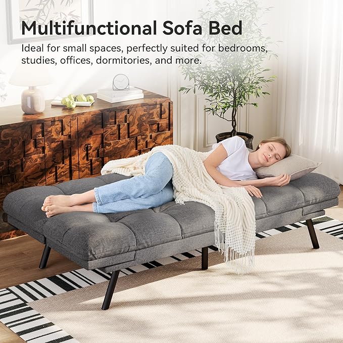 Vipbear Convertible Futon Sofa BedGrey Linen Fabric Futon Couch with Detachable CushionAdjustable Backrest &amp ArmrestModern Loveseat Sleeper Recliner for Living RoomOfficeApartment