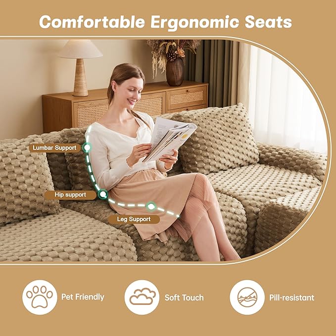 146 Boneless Couches for Living Room Oversized U-Shaped Couch with Buckle Connection Anti-slip Design Flannelette Fabric Modular Sectional Sofa with Deep Seat (Light Camel 4 Seat + 2 Ottoman)