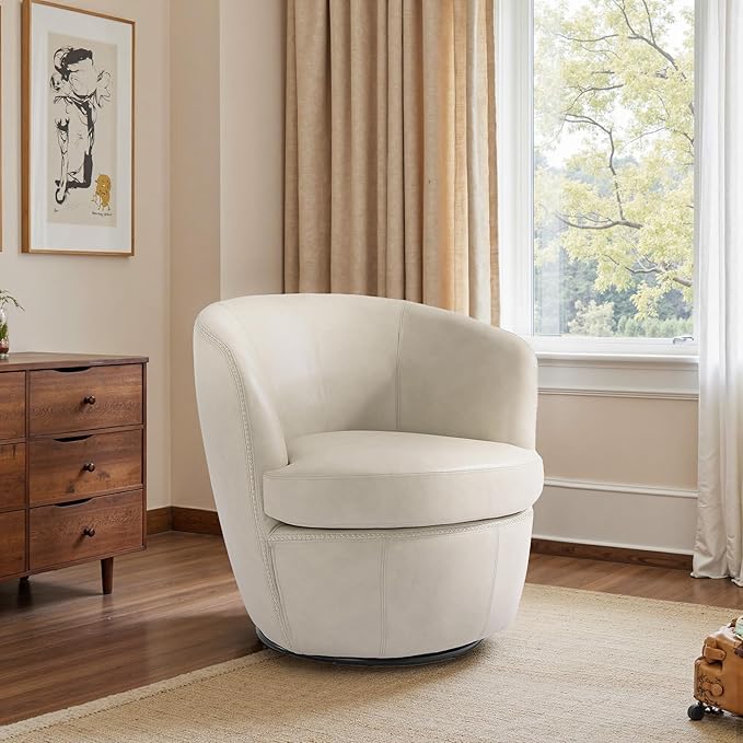 Swivel Barrel Chair Modern Round PU Leather Accent Armchair for Living Room Bedroom Comfy Club Reading Chairs for Adults (Leather Beige Set of 1)