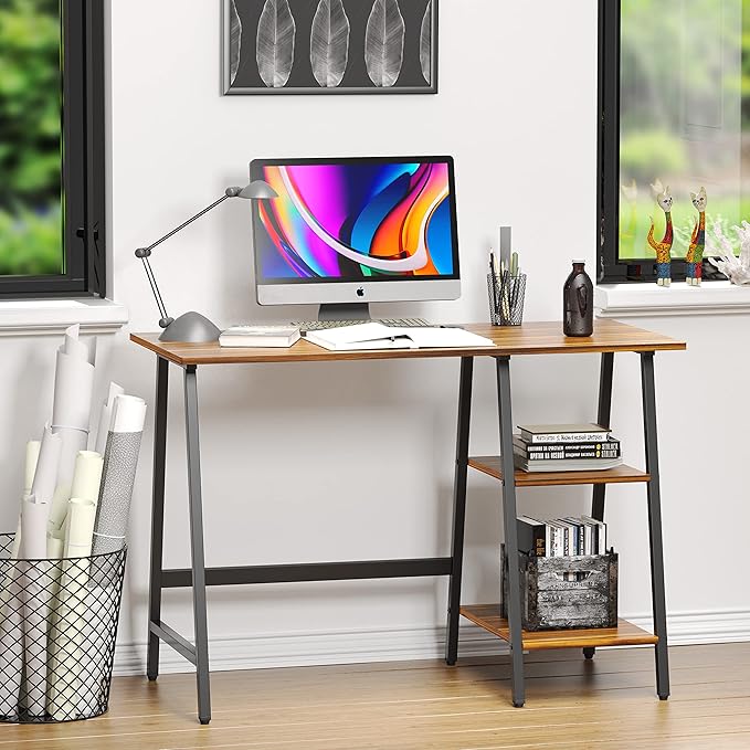 SHW 43-Inch Home Office Trestle Computer Desk with Open Storage Shelves Walnut