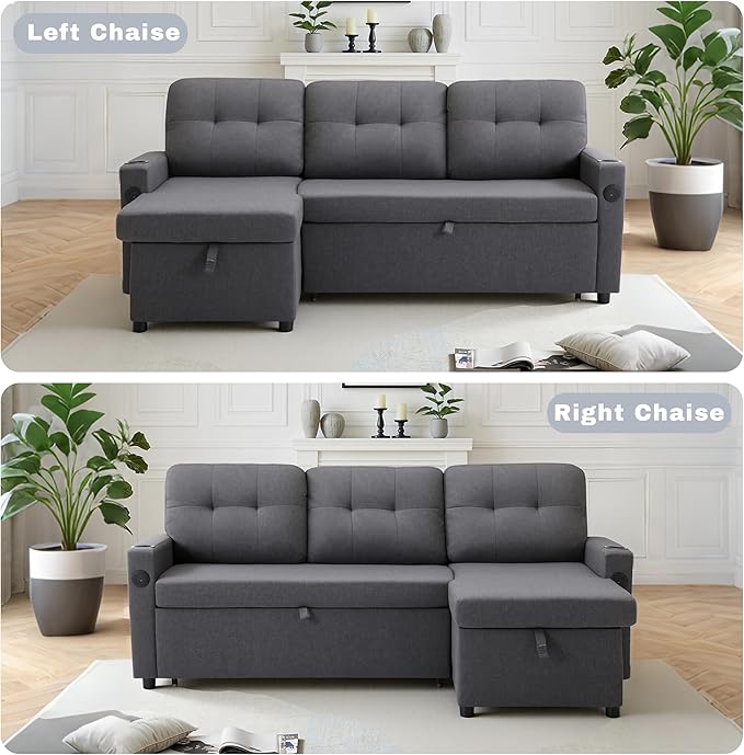 82 Pull Out Sofa BedL-Shape Modern Sleeper Sofa Upholstered Sectional Couch with USB Port and Side Pockets for Living RoomGuest Room (Dark Grey)