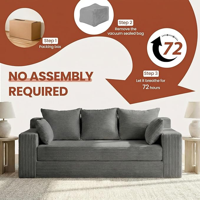 Convertible Sofa Bed 5 in 1 Small Boneless Couch Pull Out Loveseat Sleeper SofaCorduroy Futon Couch Folding Mattress with 4 Pillows for Living Room Bedroom Lounge (No Assembly)
