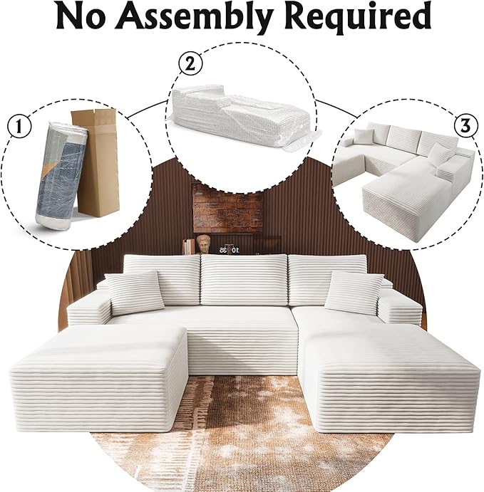 3-Piece Boneless Modular Sectional Sofa Cloud Couch Right Facing Chaise with Ottoman Oversized Deep Seat Soft Corduroy Fabric Sectional Couch for Living Room-White