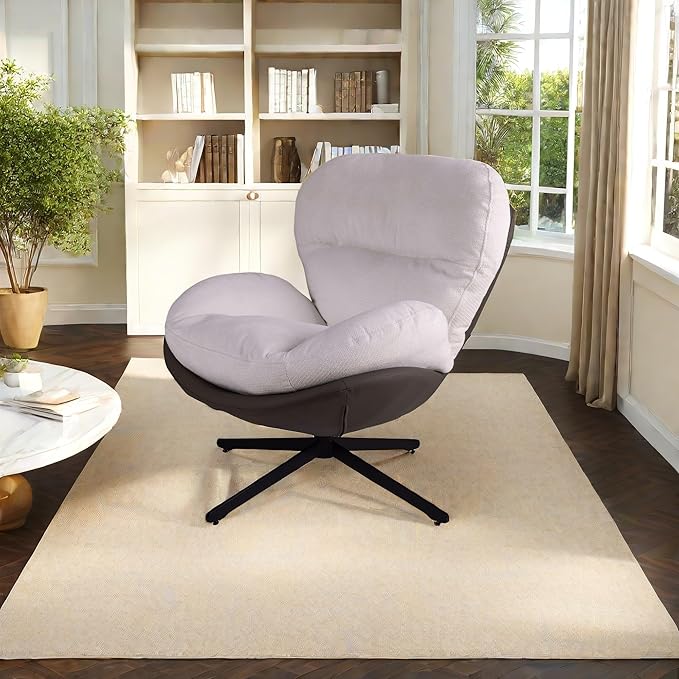 360° Swivel Office Chair Modern Chenille Chair with Faux Leather and Black Metal Base e No Wheels Accent Chair for Small Spaces Living Room Bedroom Reading Corner Office (White)