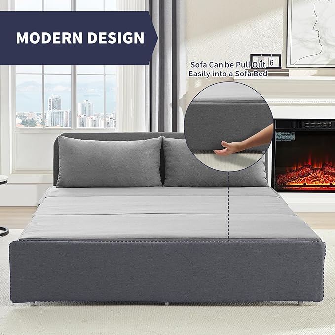 2 in 1 Pull Out Sofa Bed Queen Size Small Convertible Sleeper Sofa Couch Linen Folding Guest Bed with Wheels and Cushions Pillow Futon Sofas Couch Beds for Bedroom Office Lounge - Light Grey