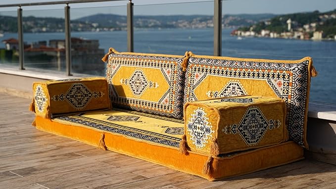 Single Arabic Floor Seating Cushions Arabic Majlis Floor Sofa Reading Nook Loveseat Sofa Single Floor Couch Ottoman Floor Pillows (Yellow)