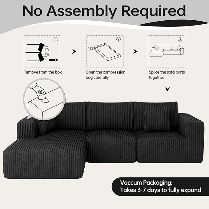 DURASPACE 108 Sectional Couch L Shaped Sofa Boneless Foam Cloud Couches with Chaise Fluffy Plush Corduroy Modular Couches for Living Room (Black Left Facing Chaise)