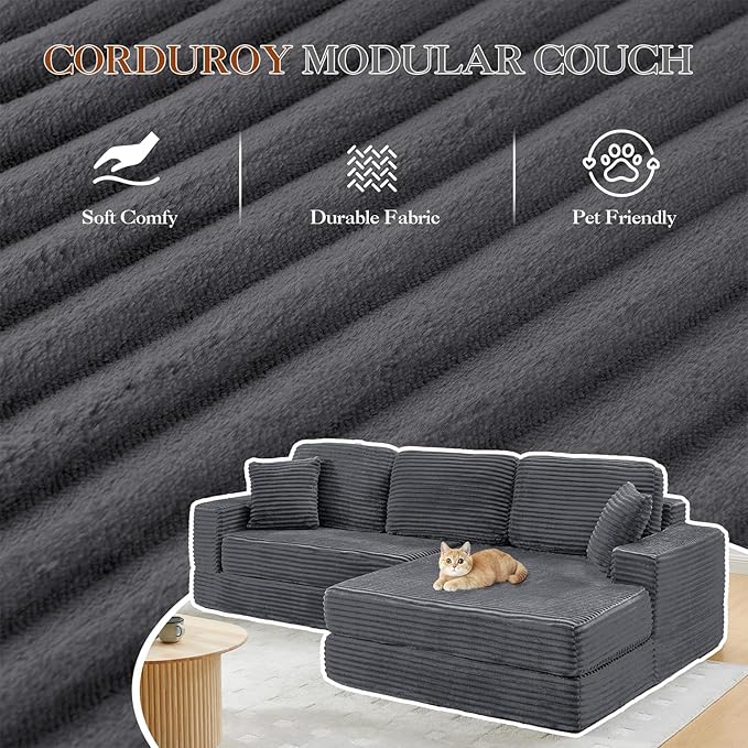 112.6 Oversized Fold Out Couch Bed King 3 in 1 Convertible Modern L Shape Cloud Modular Sectional Comfy Boneless Foam Couch Futon for Living Room No Assembly(Grey CorduroyRight Facing Chaise)