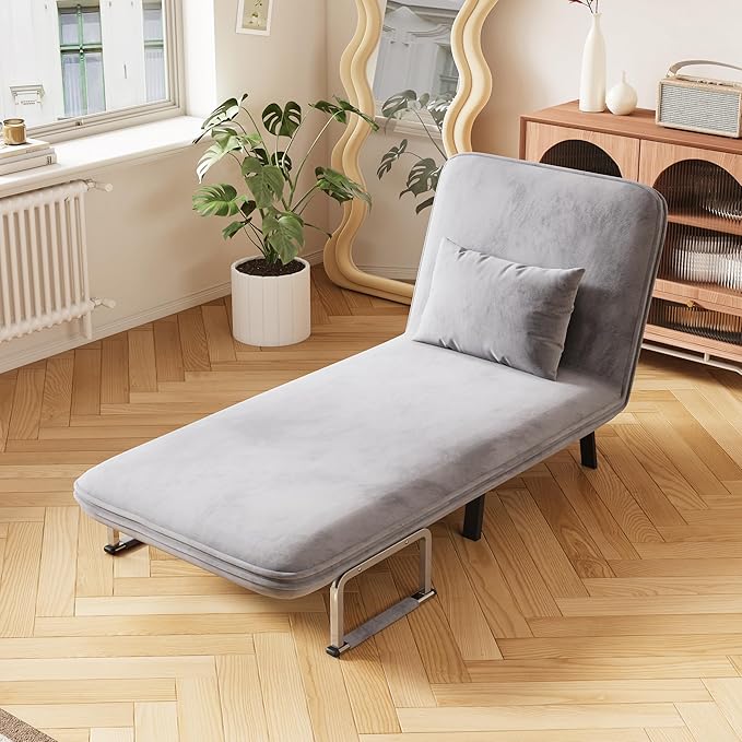 KEIKI 31.5 Luxury Velvet Single Triple-Fold Sofa Bed 3 in 1 Convertible Sleeper Lounge Chair w/Adjustable Backrest &amp PillowsMulti-Functional Living Room Armchair for ApartmentsGray