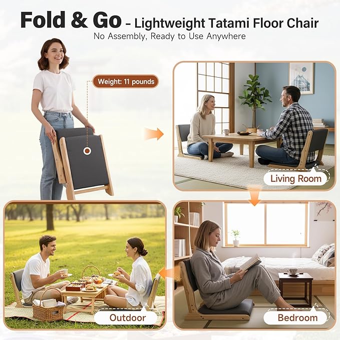 Tiita Floor Chair with Back Support Foldable Meditation Tatami Chairs Backrest Chair with Cushion Living Room Chair Seat 4 Pack Wood Dark Grey