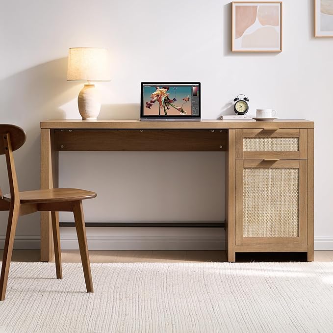 SICOTAS Rattan Executive Desk with Storage 59 Boho Home Office Desk with Cabinets and Drawers Large Computer Table Vanity Desk for Office Study Living Room Oak